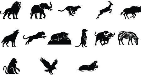 Fototapeta premium African Wildlife Animals Black Silhouette Icons Set - Safari Vector Illustrations