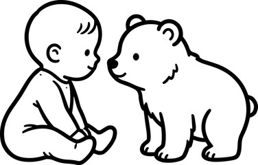 Cute Baby and Bear Cub Illustration, Friendship, Childhood, Simple Line Art © Brian