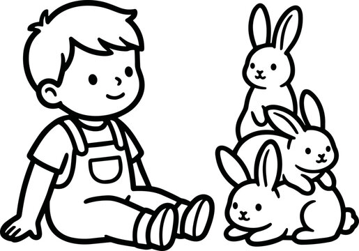 Cute child sitting with baby bunnies, line art illustration