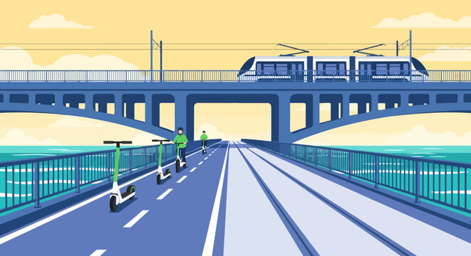Person riding an electric scooter on a bridge with a train overhead.