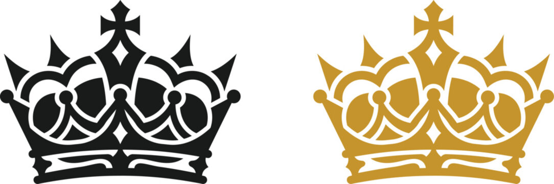 Two decorative royal crowns in black and gold isolated on transparent background for premium brand identity design.