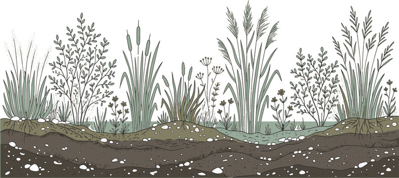Hand drawn illustration of wild wetland grasses and reeds with cross section landscape design botanical art botanical landscape cattails background environment vegetation illustration