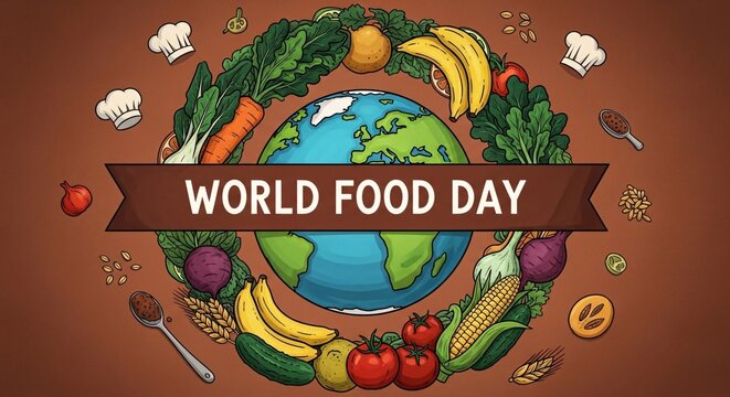 World food day illustration with globe surrounded by fruits and vegetables