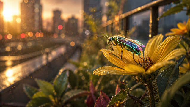 Neon Energy Hoverfly on Yellow Wildflower in Rainy Urban Garden