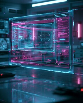 Medium shot of a holographic AI medication error dashboard glowing in cyan and magenta set against a dim futuristic hospital control room with sleek cyberpunk lighting effects.