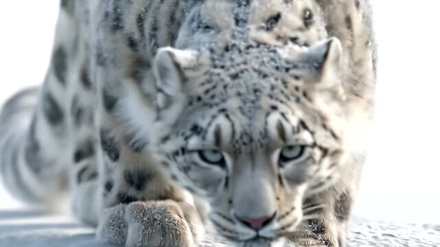 Snow Leopard Stalking - Majestic Predator in Winter Landscape.
