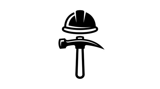 Black silhouette of a hard hat and pickaxe on white background