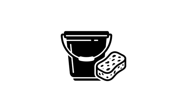 Simple black line icon of paint bucket and sponge