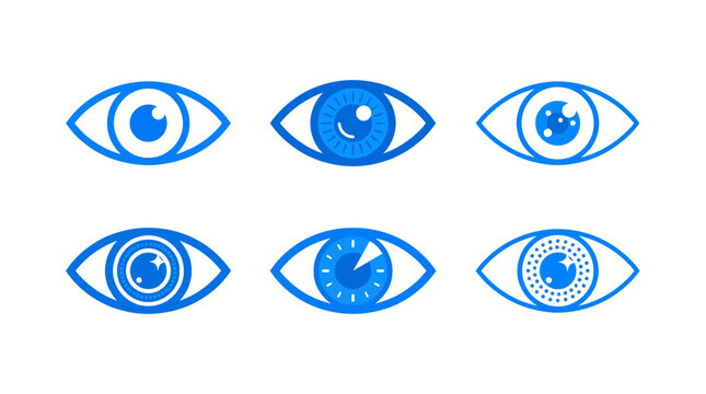 Six blue vector eye icons with concentric pupils arranged in two rows, ideal for UI, branding, and logos.