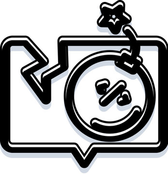 Speech bubble icon with a percentage inside a circular countdown timer and a downward arrow from the top left, symbolizing limited time discounts, flash sales and urgent promotions