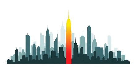 Fototapeta premium A stylized cityscape silhouette with a central skyscraper highlighted in a gradient of orange