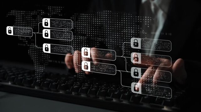 Blockchain structure showing distributed data blocks linked with encryption, representing secure transaction verification, decentralized control, and immutable record system Marrow