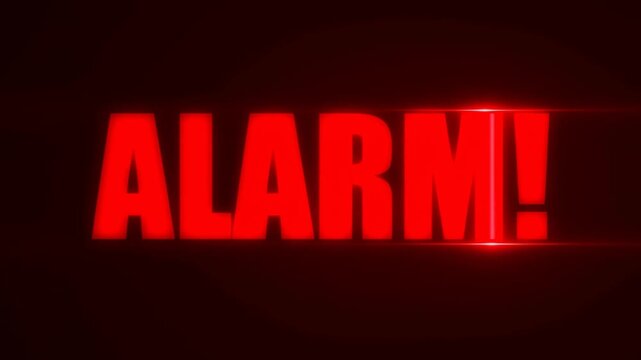 Tracking pan of bold red alarm text pulsing and sliding across dark background with horizontal light flare in studio