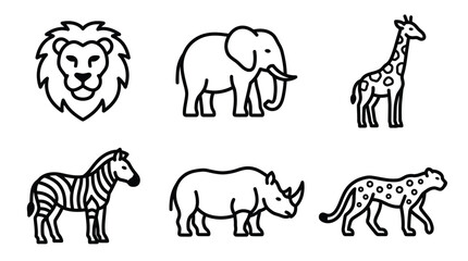 Obraz premium Safari animals represent a collection of wild creatures including a lion, an elephant, a giraffe, a zebra, and a rhino.