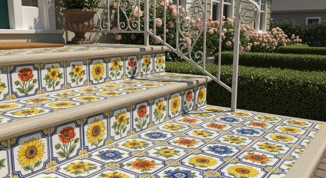Vibrantly patterned ceramic tiles adorning outdoor stoop steps with intricate floral designs