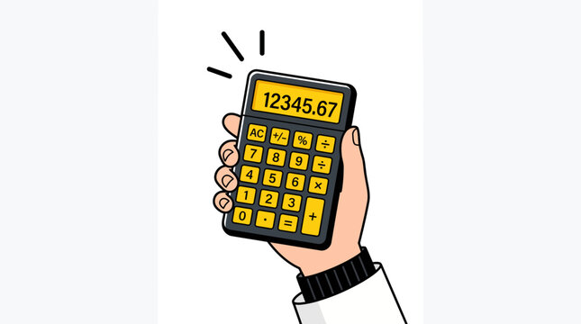 Cartoon hand holding a bright yellow calculator displaying 12345.67 on a white background for finance, budgeting and math visuals