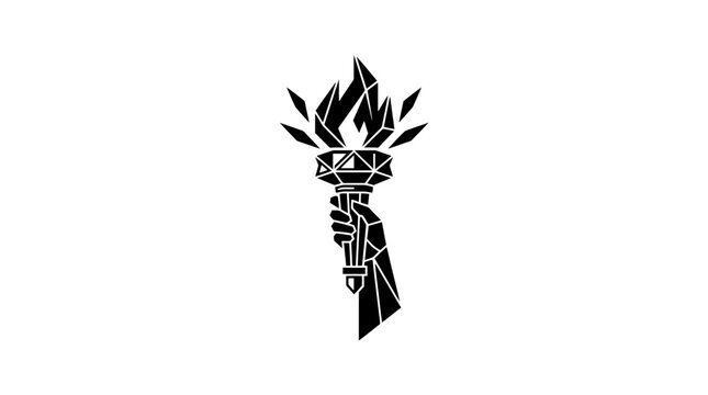 Black and white illustration of a hand holding a flaming torch