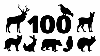 Obraz premium Black silhouettes of various animals and the number 100