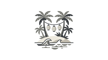 Obraz premium Palm tree island scene with hanging lanterns and waves.