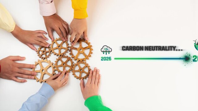 This image showcases diverse hands working together with gears, symbolizing the collaborative effort needed to achieve carbon neutrality from 2026 to 2050, emphasizing sustainability. Raster