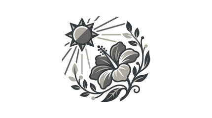 Stylized hibiscus flower with sun rays in circular frame. © nur