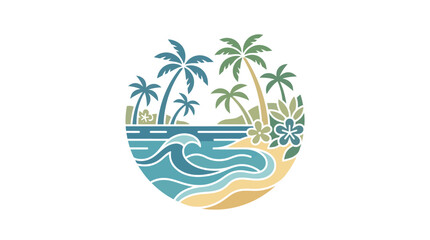 Fototapeta premium Colorful tropical beach circle icon with palm trees and ocean.
