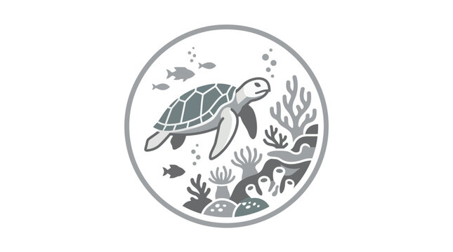 Round emblem with sea turtle and coral reef scene.