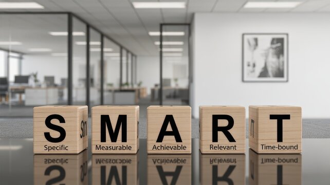 SMART criteria business objective concept on wooden cubes in a blurred office background