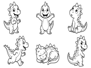 Cartoon dinosaur character set featuring a cute baby stegosaurus mascot in six different playful poses © RahianKhan