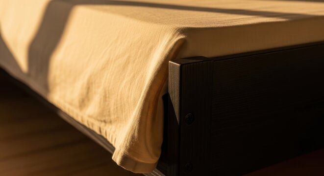 Close-up of soft organic cotton bedding with corner pulled back, showcasing warm sunlight and cozy texture