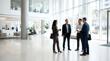 Fototapeta premium Business professionals standing in modern bright lobby talking and holding documents with blurred office background