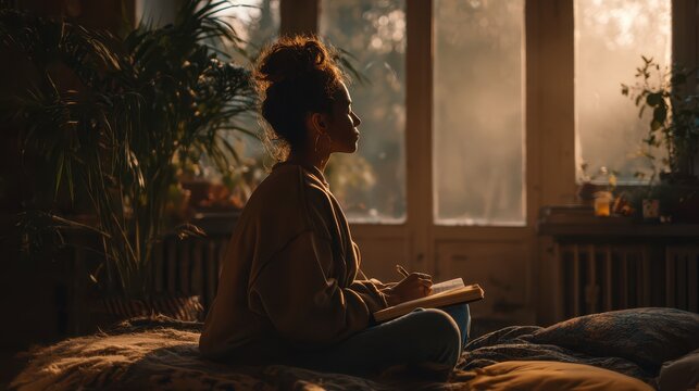 Contemplative woman practicing mindful journaling in a warm, sunlit bedroom. Quiet moment of self-reflection and personal growth during golden hour.