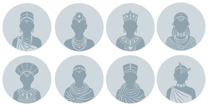Set of Diverse African Tribal Figures in Traditional Attire and Headwear.
