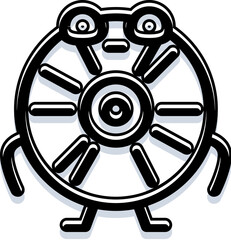 Obraz premium Round retro cartoon character representing a music disk, featuring a simple black and white line art illustration with a whimsical and friendly abstract design