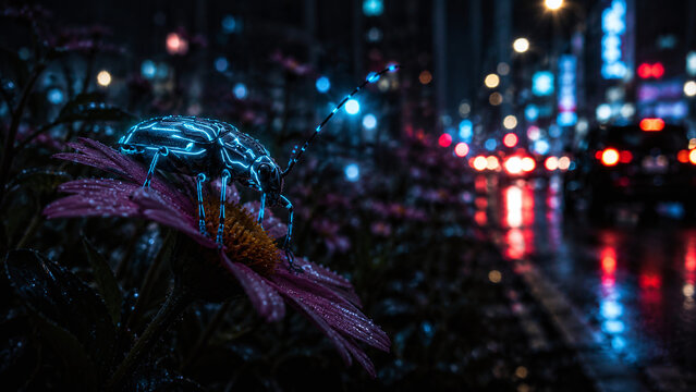 Neon Energy Hoverfly on Flower in Cyberpunk Rainy City
