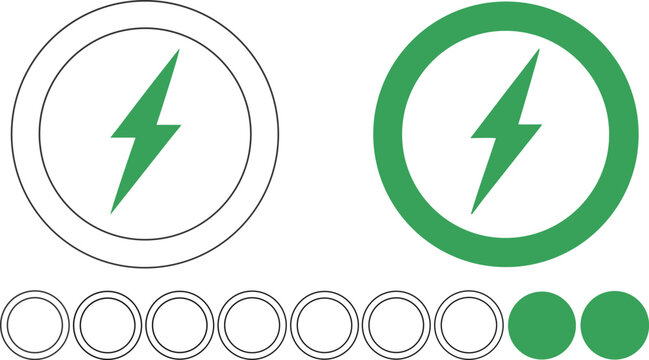 Green lightning bolt icon set inside circular badge frames vector illustration for electric vehicle charging status or battery indicatorsGreen lightning bolt icon set inside circular badge frames vect