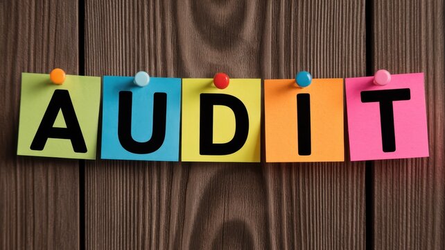 The word AUDIT spelled out on colorful sticky notes pinned to a wooden background.