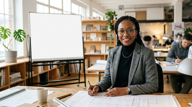 Portrait of a professional Black female architect smiling at the camera while working on blueprints in a bright, modern architectural office studio