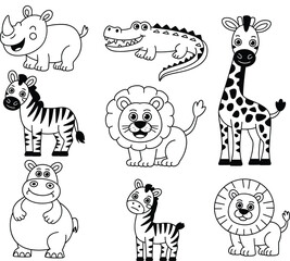 Obraz premium A professional minimalist vector outline set featuring cute cartoon safari animals coloring book icons