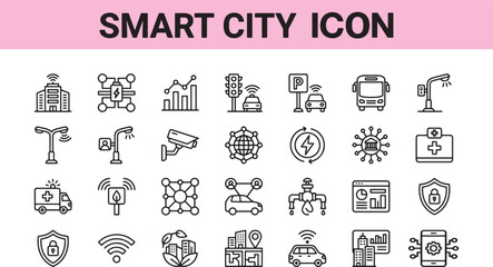 Fototapeta premium Smart city icon set featuring digital infrastructure technology symbols for urban development planning and modern internet connectivity vector illustration