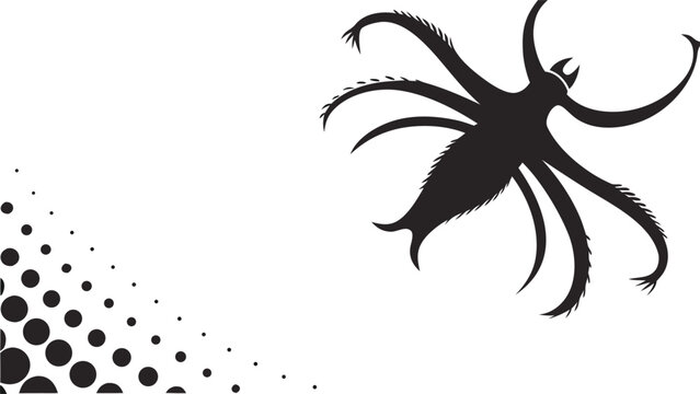 Scary spider monster silhouette with halftone pattern vector illustration for horror halloween background or comic book layoutsScary spider monster silhouette with halftone pattern vector illustration