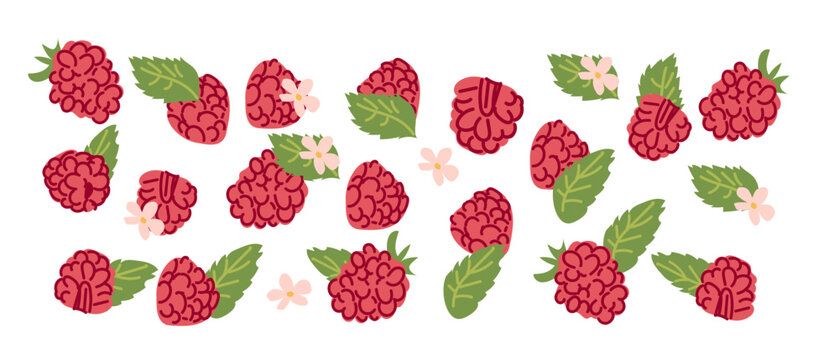 Collection of abstract raspberry pattern contemporary art print. Modern background with hand drawn raspberry berry. Trendy design for wrapping paper, packaging, wall decor.