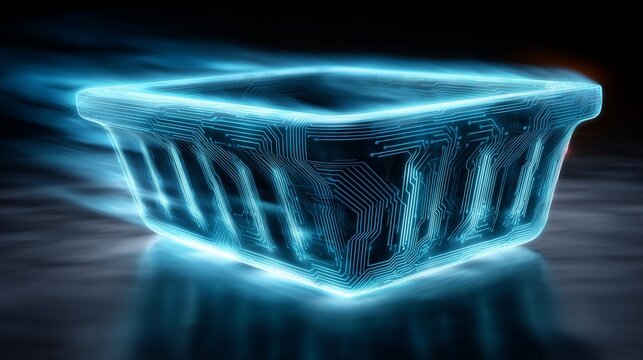 Digital shopping basket made of glowing circuit board patterns. E-commerce technology concept with electronic data flow. Online retail business innovation and virtual marketplace growth.