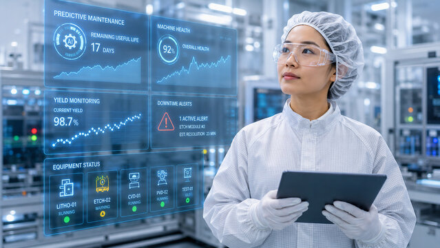 Female Engineer in Cleanroom Using Digital Dashboard for Predictive Maintenance and Industrial Monitoring