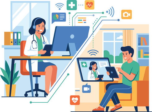 Telemedicine concept with professional doctor working on computer and male patient using digital tablet for remote health diagnosis session.