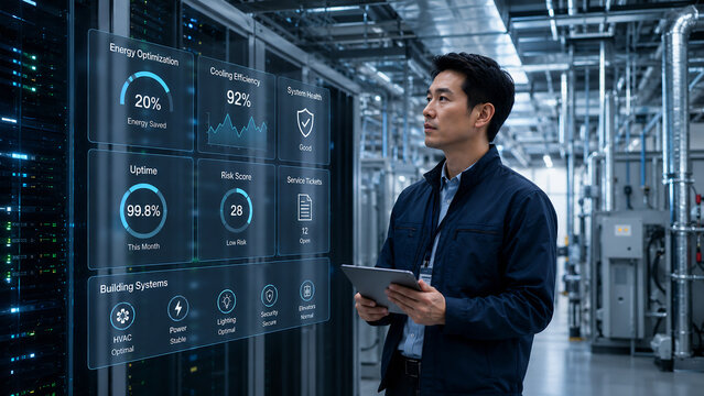 IT professional monitoring data center performance via futuristic holographic interface