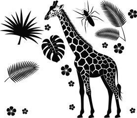 Obraz premium A professional minimalist vector silhouette set featuring a majestic safari giraffe and tropical jungle leaves icons