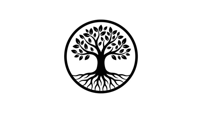Stylized tree with roots enclosed in a circular frame