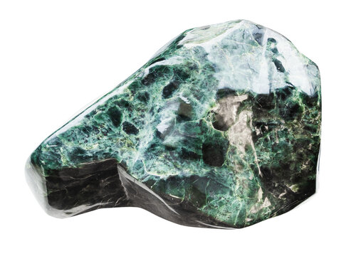 polished specimen of green jadeite rock cutout on white background