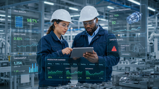 Industrial engineers analyzing production data on a tablet with futuristic holographic interfaces in a smart factory